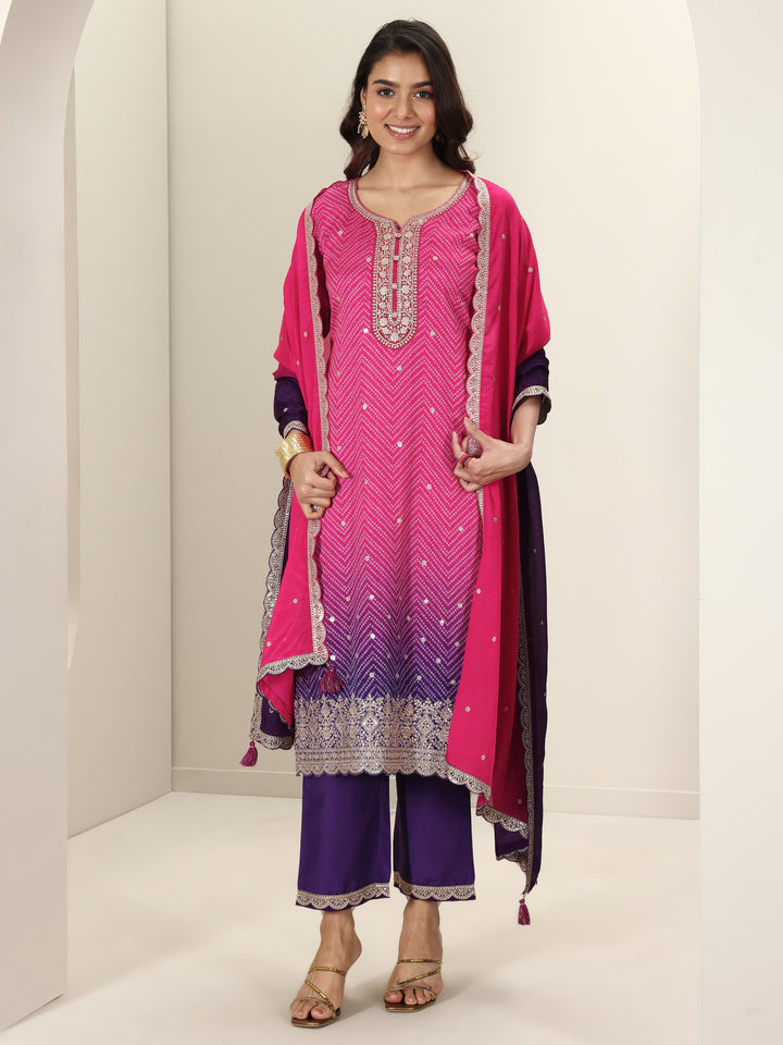 Pink Printed Chinon Straight Suit Sets With Dupatta
