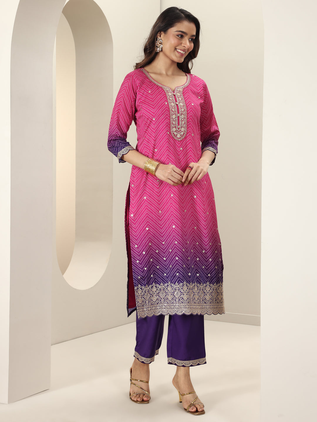 Pink Printed Chinon Straight Suit Sets With Dupatta