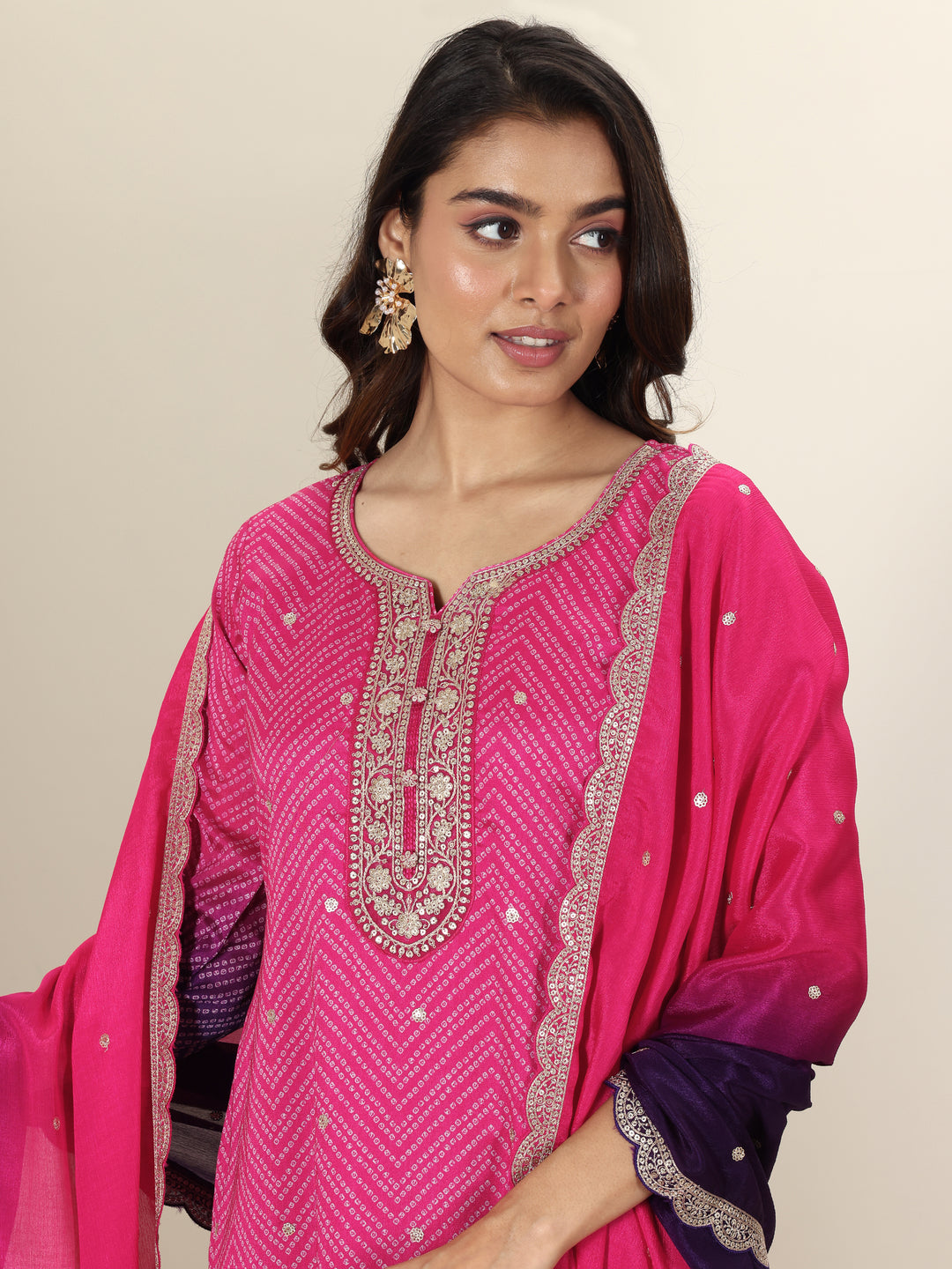 Pink Printed Chinon Straight Suit Sets With Dupatta