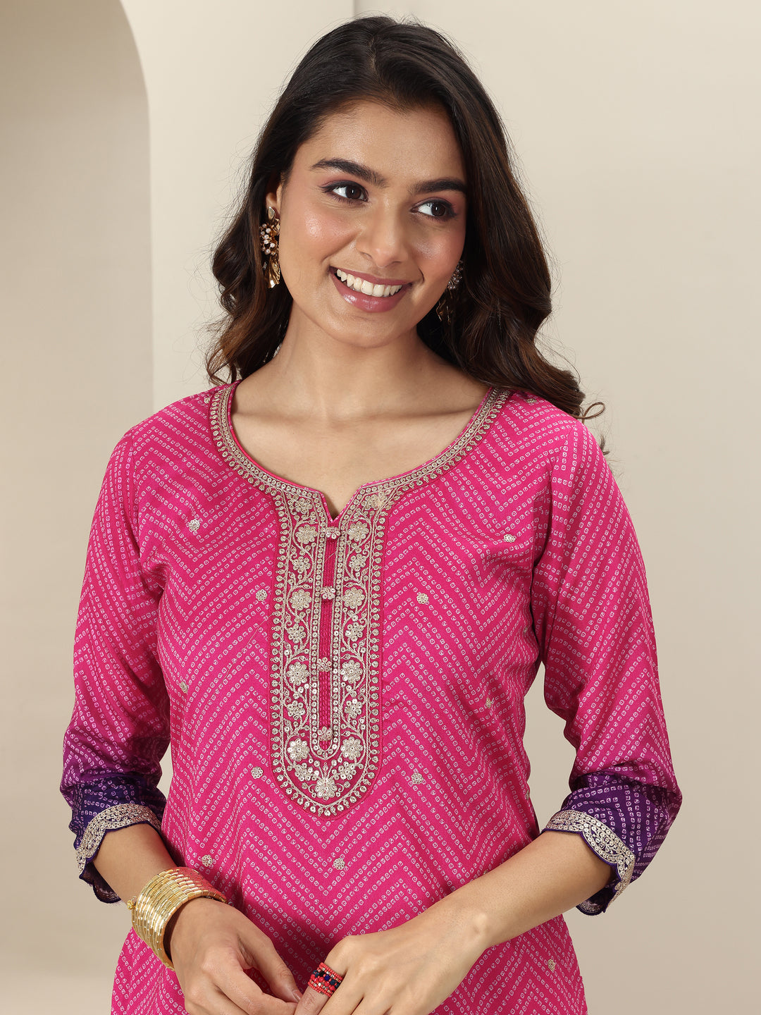 Pink Printed Chinon Straight Suit Sets With Dupatta
