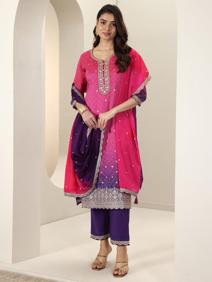 Pink Printed Chinon Straight Suit Sets With Dupatta