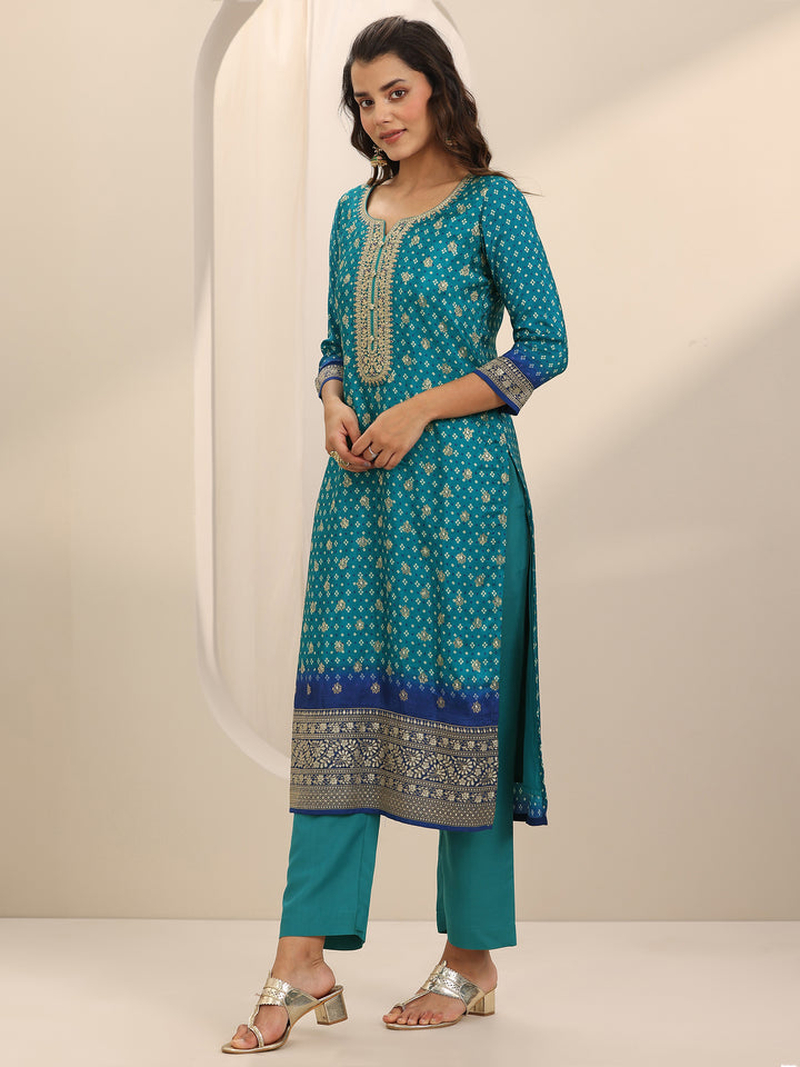 Blue Printed Silk Blend Straight Suit Set With Dupatta