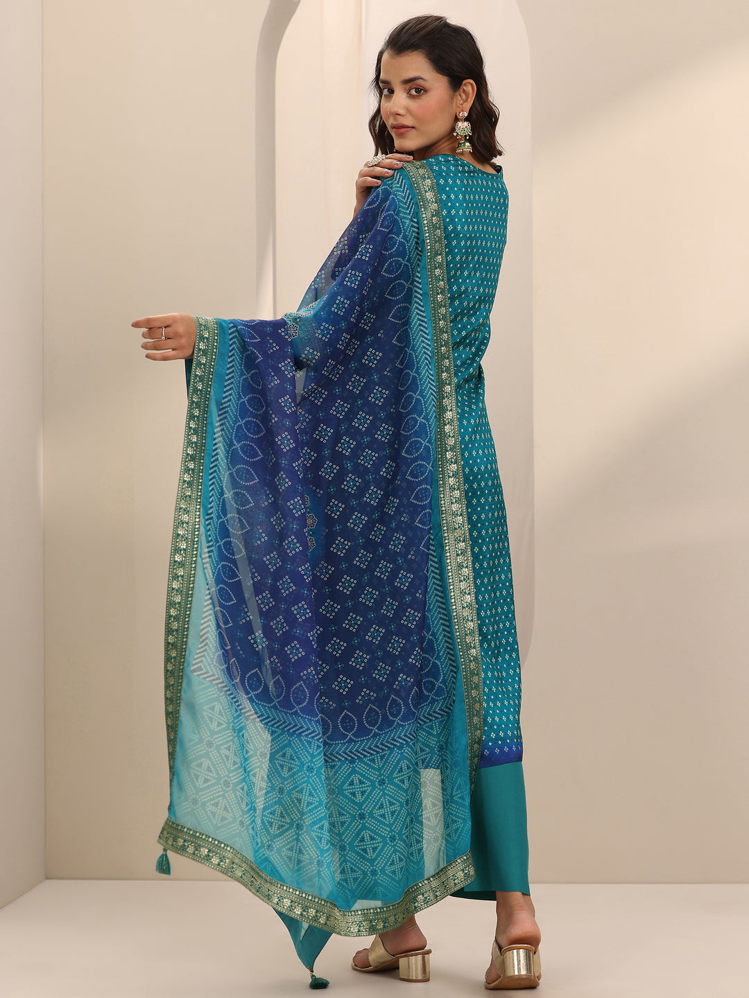 Blue Printed Silk Blend Straight Suit Set With Dupatta