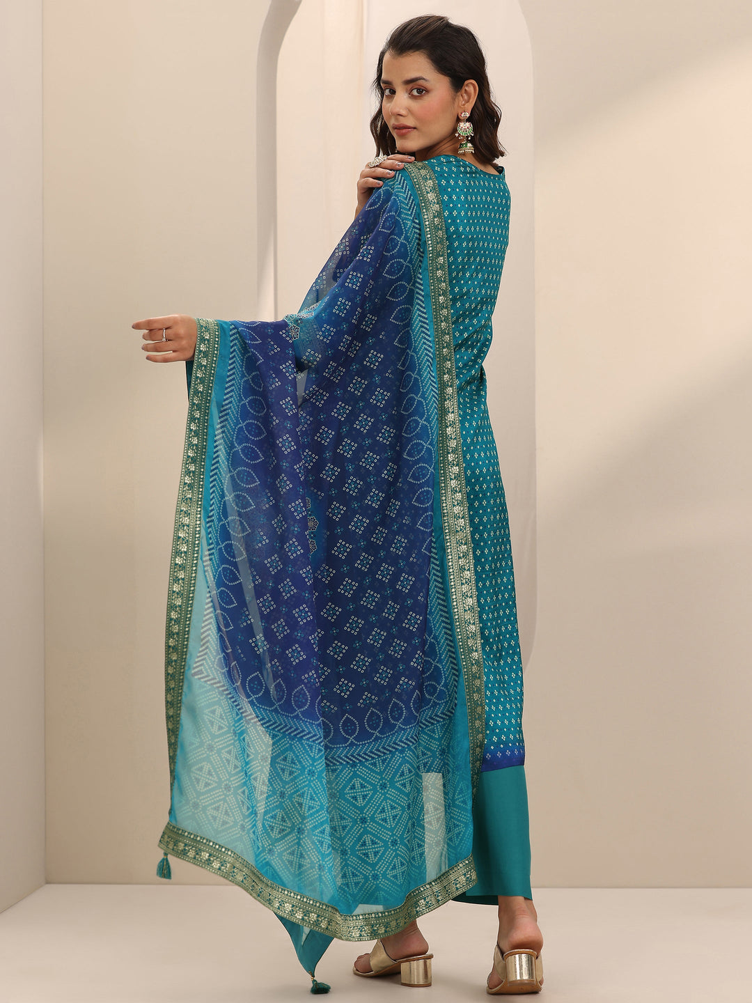 Blue Printed Silk Blend Straight Suit Set With Dupatta