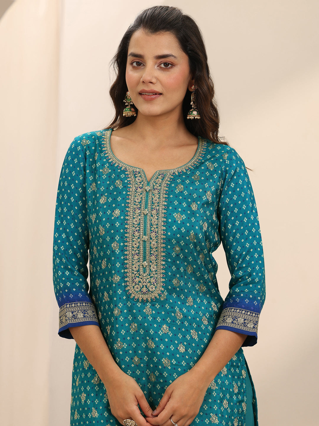 Blue Printed Silk Blend Straight Suit Set With Dupatta