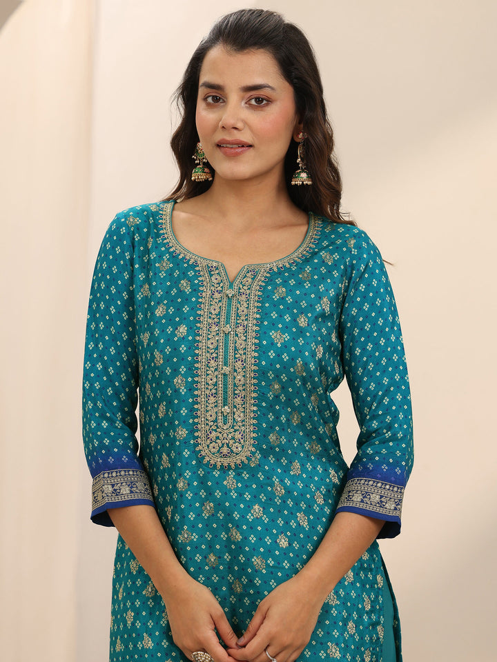 Blue Printed Silk Blend Straight Suit Set With Dupatta