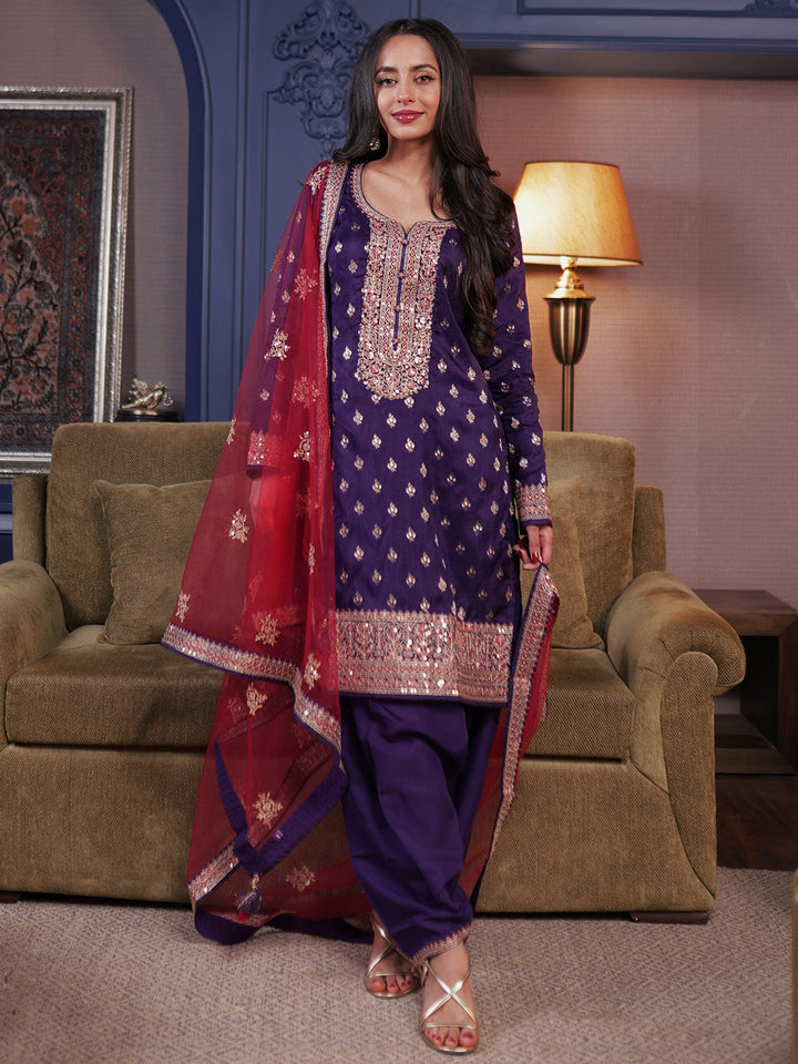 Libas Art Purple Embroidered Silk Blend Straight Suit Set With Dupatta