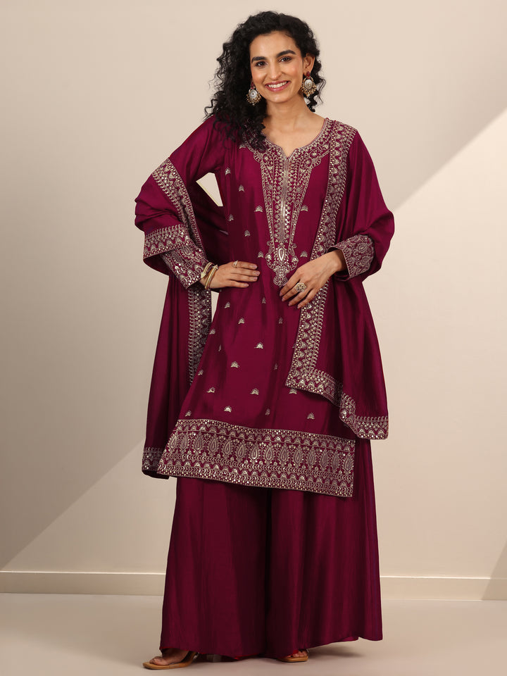 Libas Art Pink Embroidered Silk Blend Straight Suit Set With Dupatta