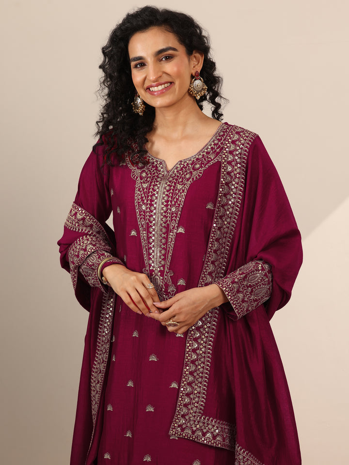 Libas Art Pink Embroidered Silk Blend Straight Suit Set With Dupatta