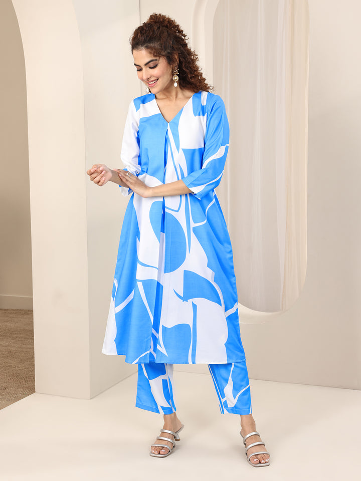 Blue Printed Rayon Straight Kurta Set