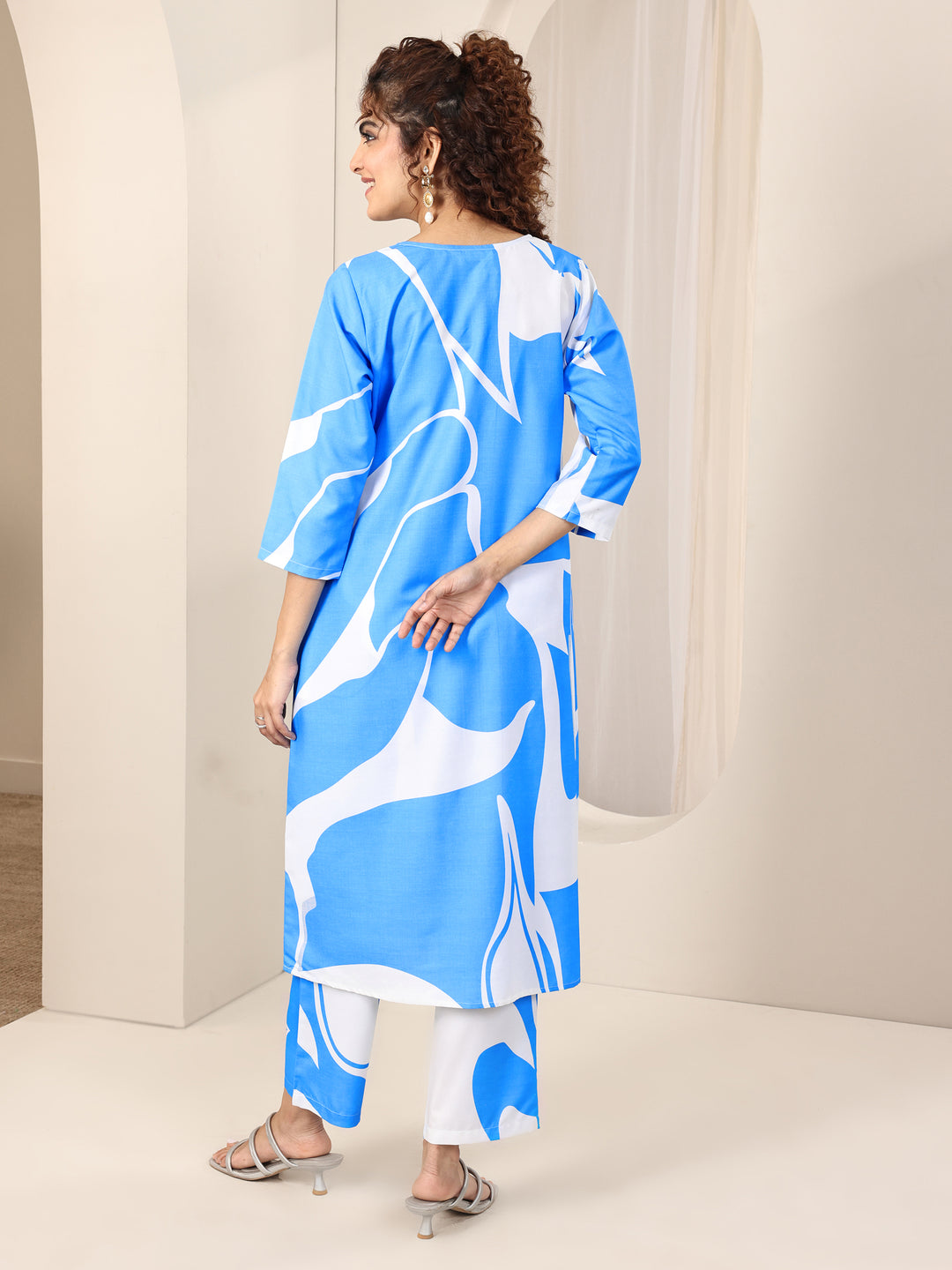 Blue Printed Rayon Straight Kurta Set