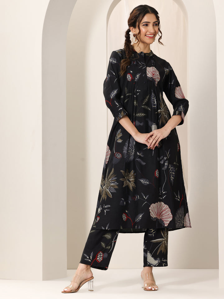 Black Printed Silk Blend Straight Kurta Set