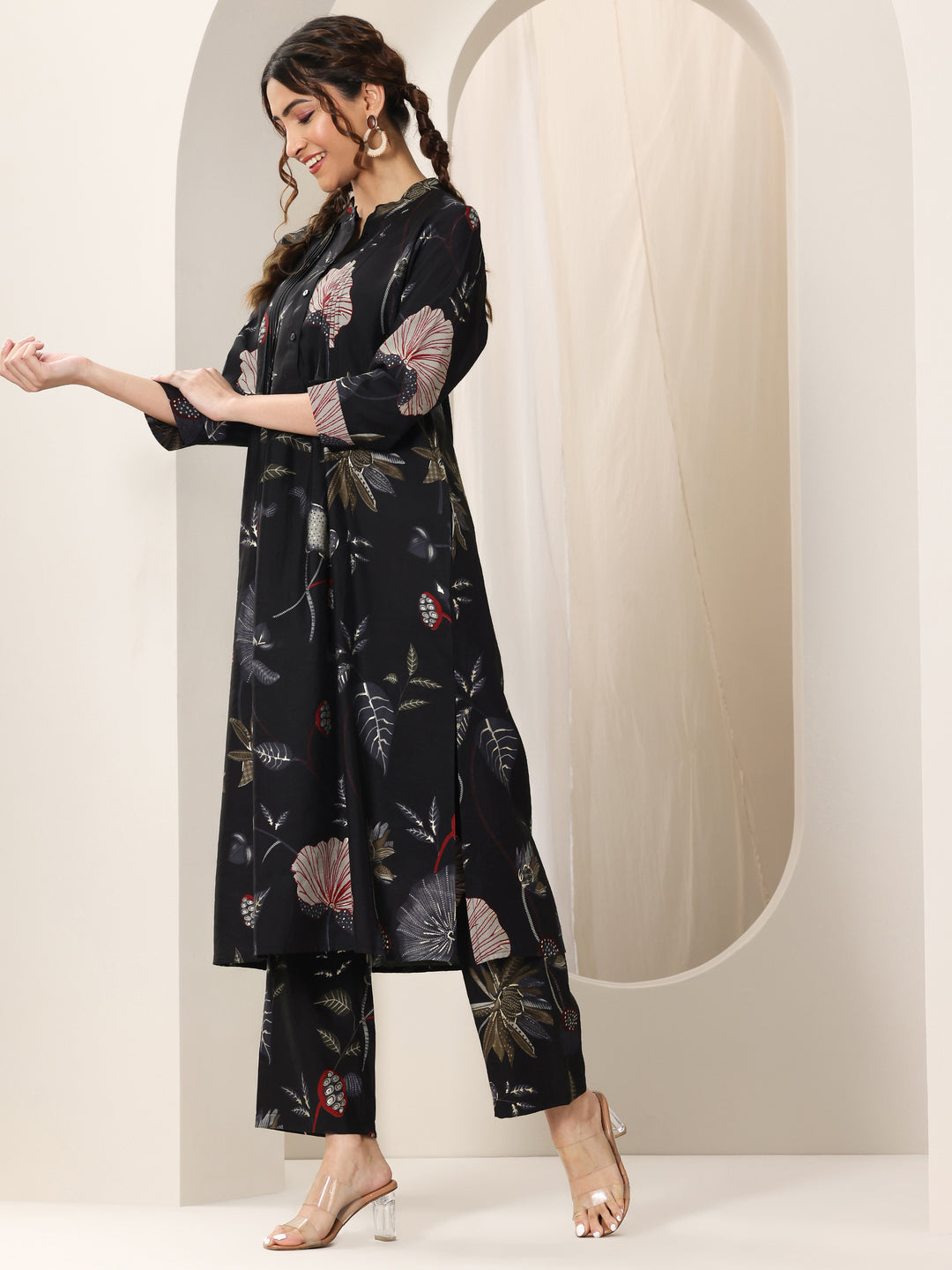 Black Printed Silk Blend Straight Kurta Set