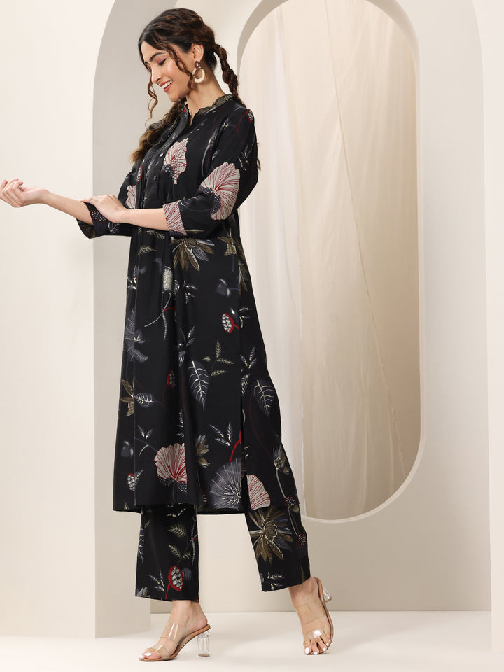 Black Printed Silk Blend Straight Kurta Set