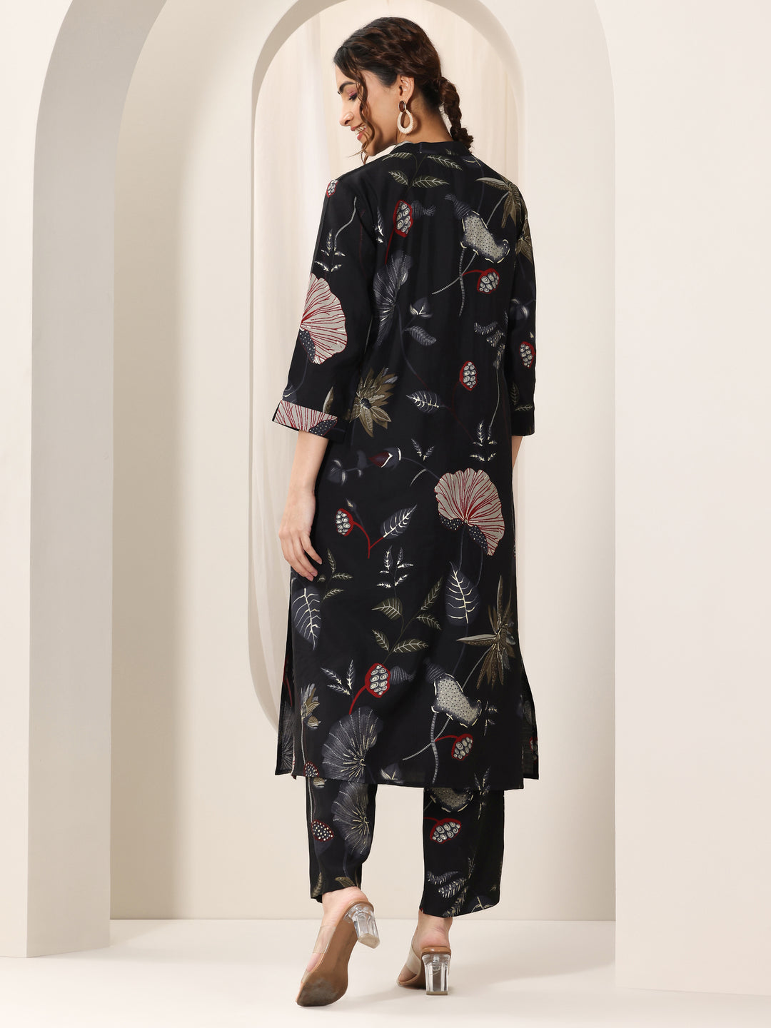 Black Printed Silk Blend Straight Kurta Set