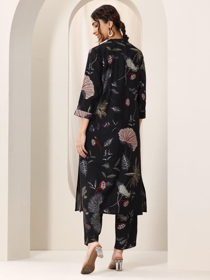 Black Printed Silk Blend Straight Kurta Set