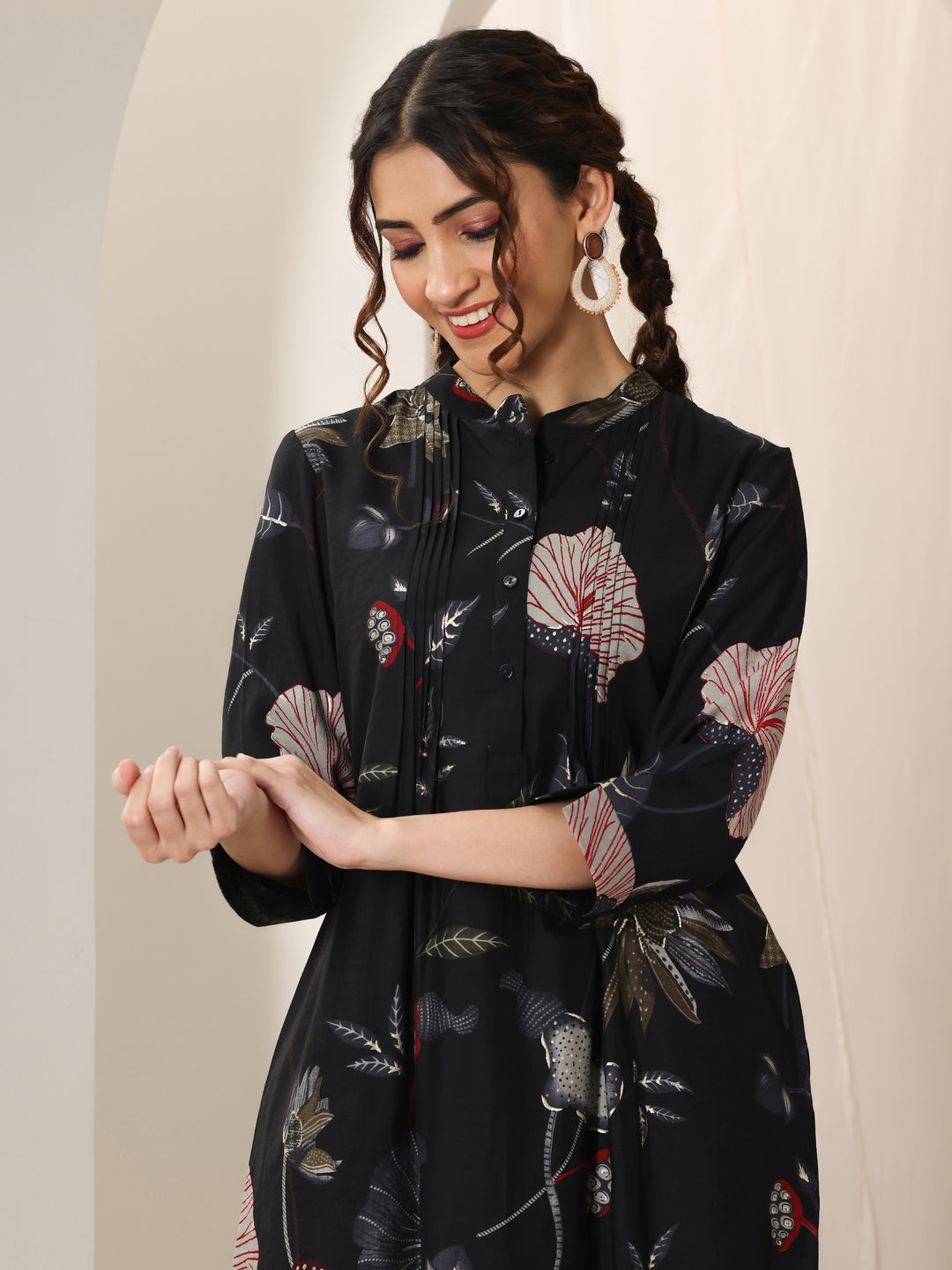 Black Printed Silk Blend Straight Kurta Set