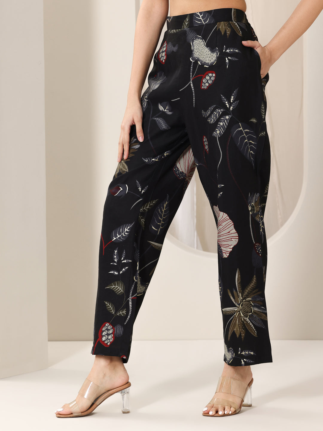 Black Printed Silk Blend Straight Kurta Set