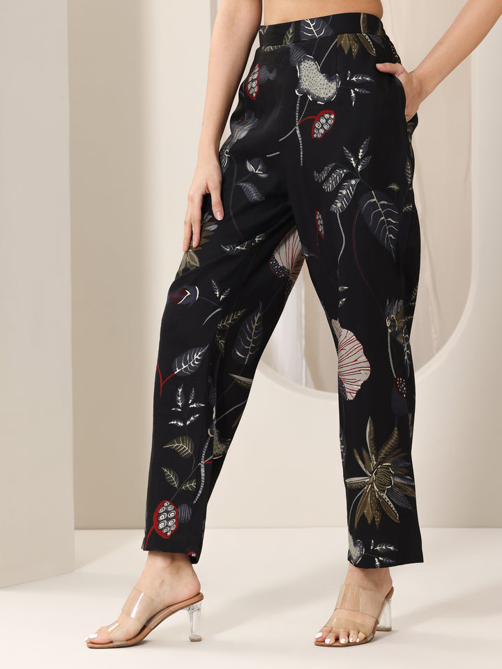 Black Printed Silk Blend Straight Kurta Set