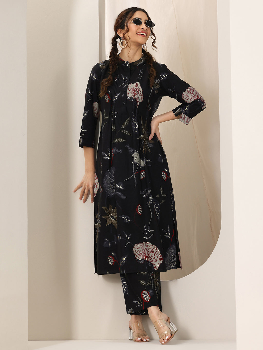 Black Printed Silk Blend Straight Kurta Set