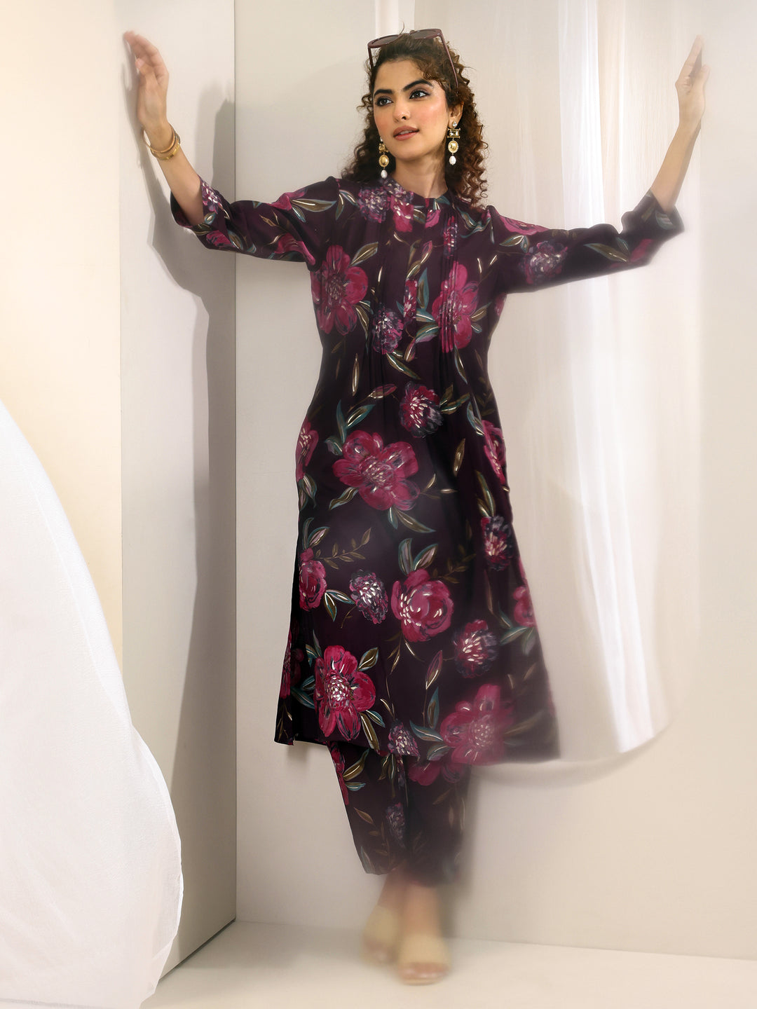 Burgundy Printed Silk Blend Straight Kurta Set