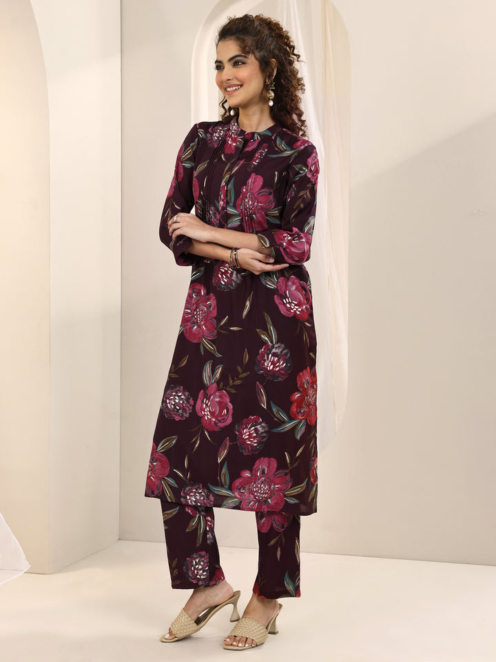 Burgundy Printed Silk Blend Straight Kurta Set