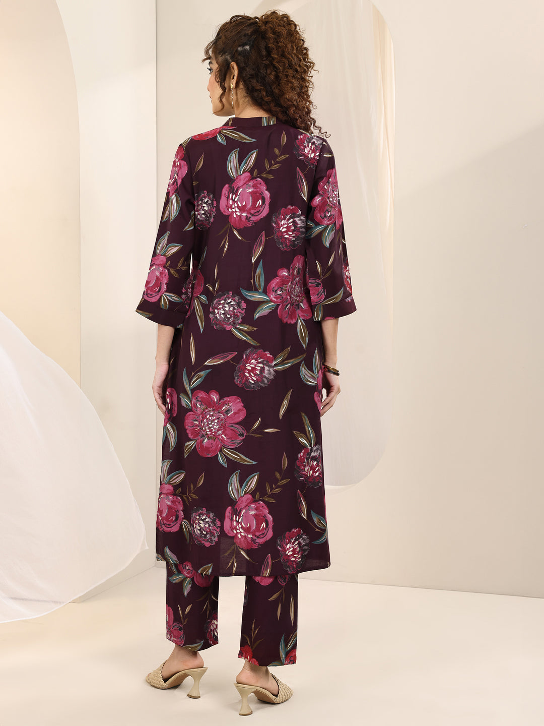 Burgundy Printed Silk Blend Straight Kurta Set