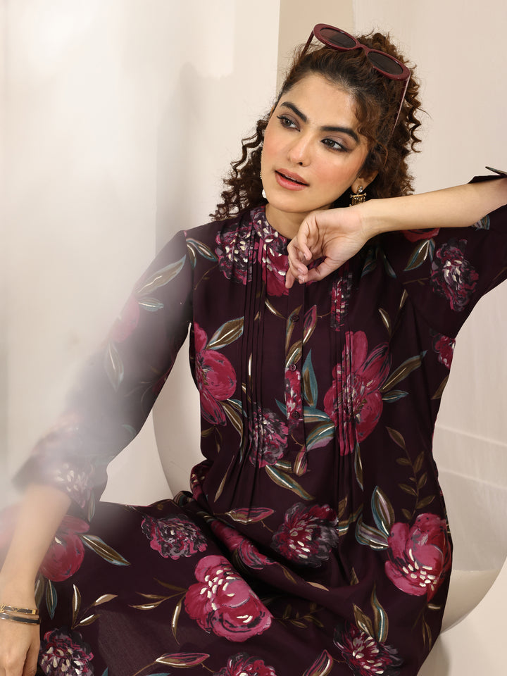 Burgundy Printed Silk Blend Straight Kurta Set