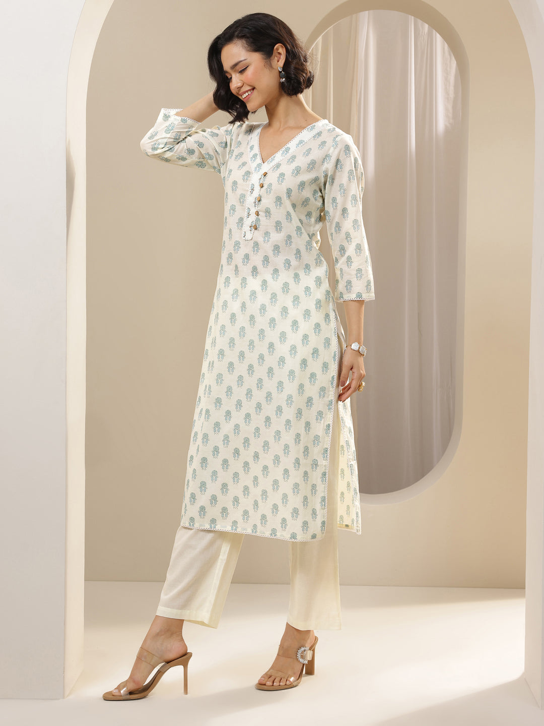 Off White Printed Cotton Straight Suit Sets With Dupatta