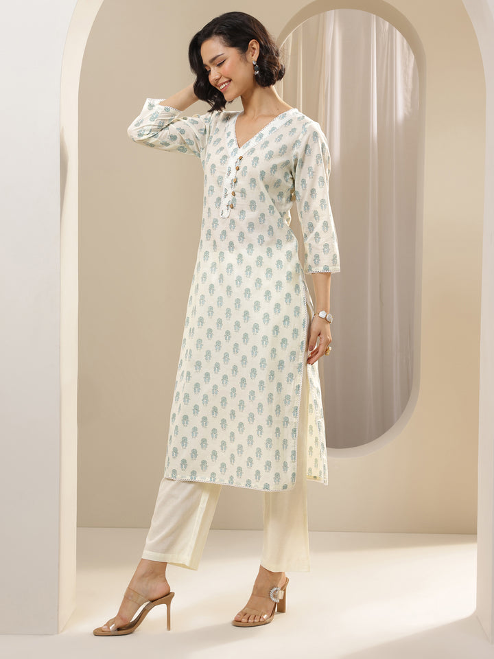 Off White Printed Cotton Straight Suit Sets With Dupatta