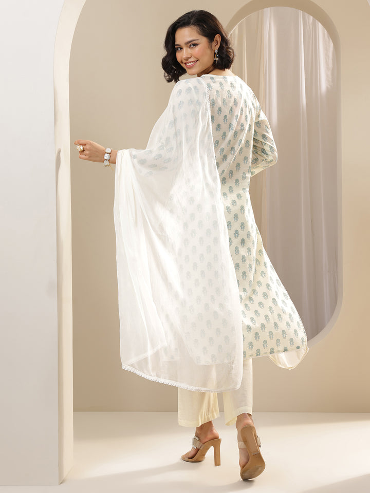 Off White Printed Cotton Straight Suit Sets With Dupatta
