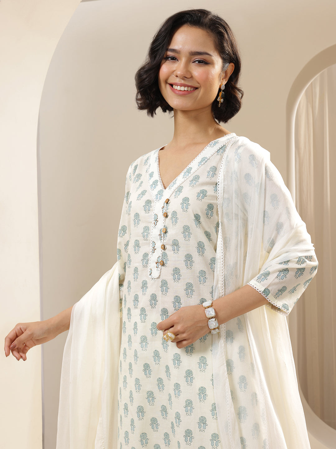 Off White Printed Cotton Straight Suit Sets With Dupatta