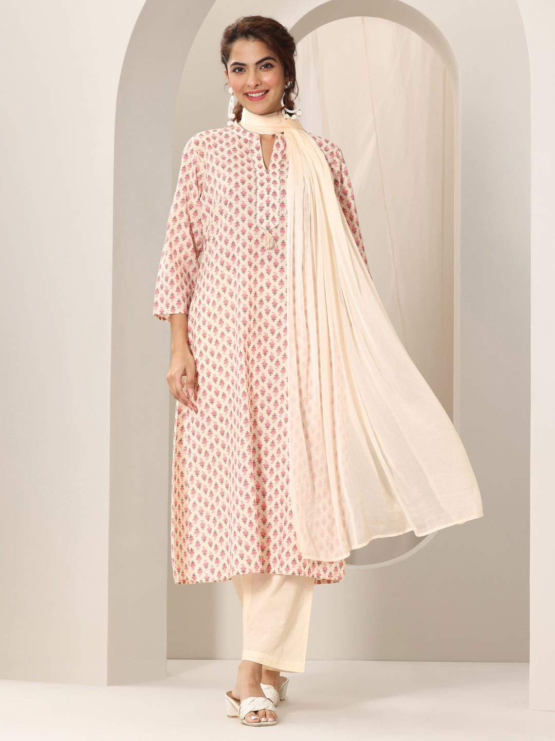 Off White Printed Cotton Straight Suit Set With Dupatta
