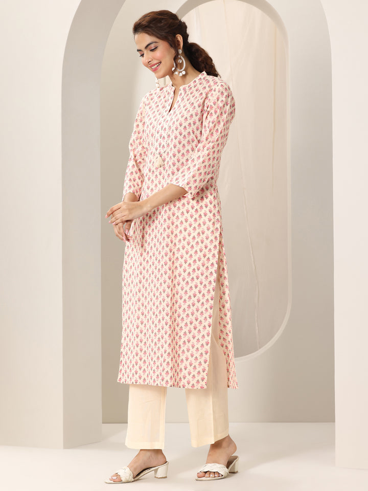 Off White Printed Cotton Straight Suit Set With Dupatta