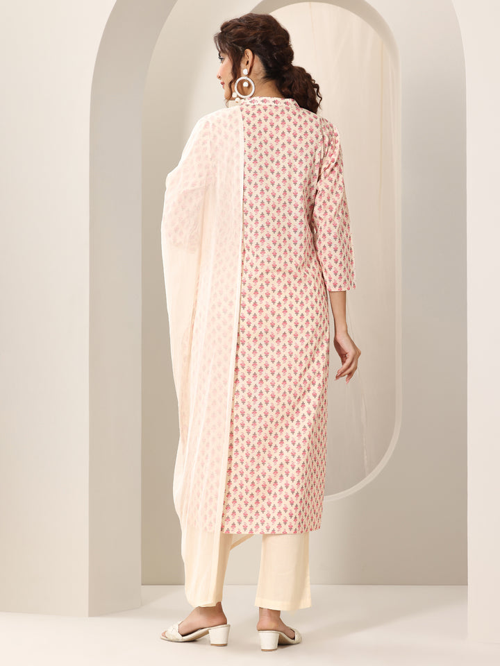 Off White Printed Cotton Straight Suit Set With Dupatta