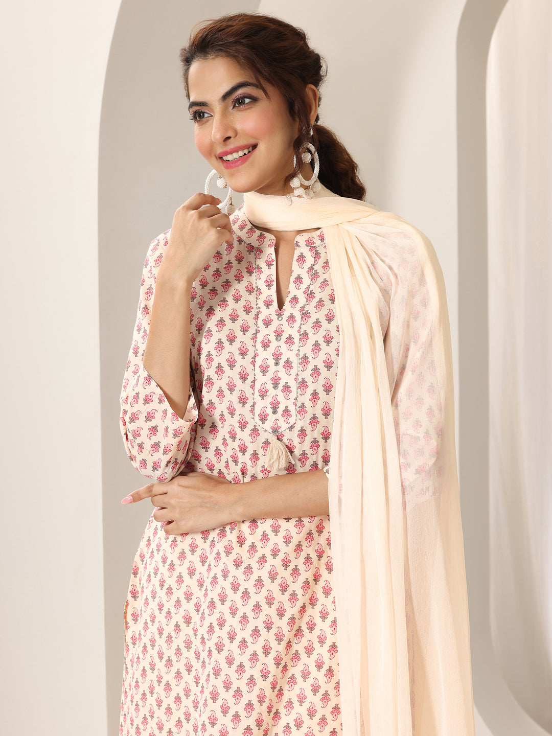 Off White Printed Cotton Straight Suit Set With Dupatta
