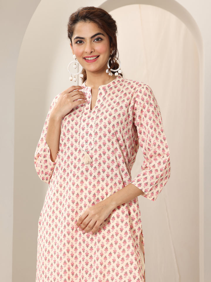 Off White Printed Cotton Straight Suit Set With Dupatta
