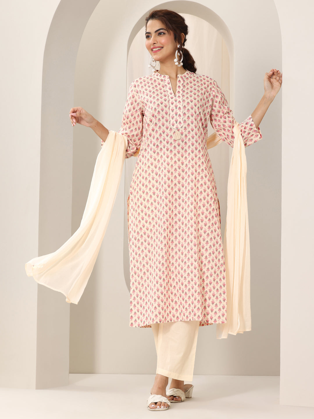 Off White Printed Cotton Straight Suit Set With Dupatta