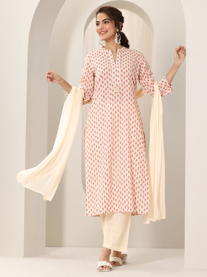 Off White Printed Cotton Straight Suit Set With Dupatta