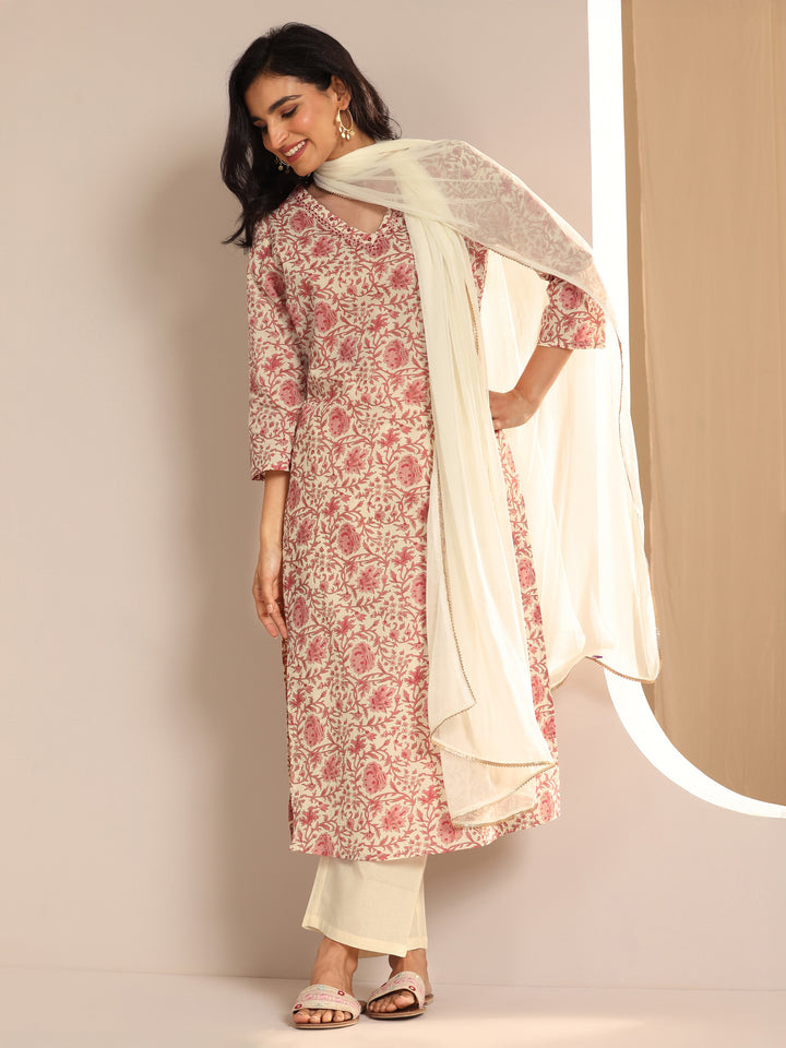 Off White Printed Cotton Straight Suit Set With Dupatta