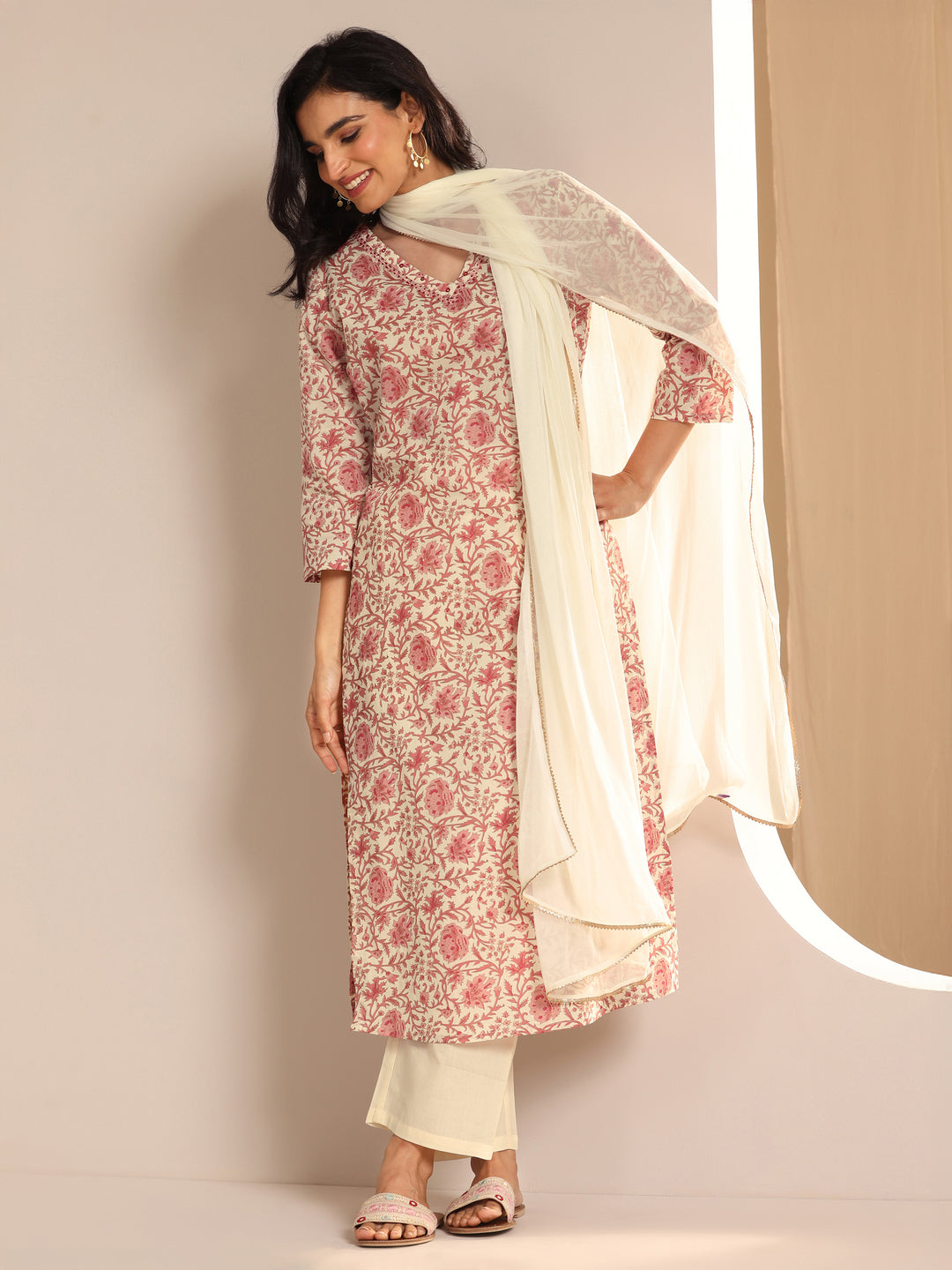 Off White Printed Cotton Straight Suit Set With Dupatta