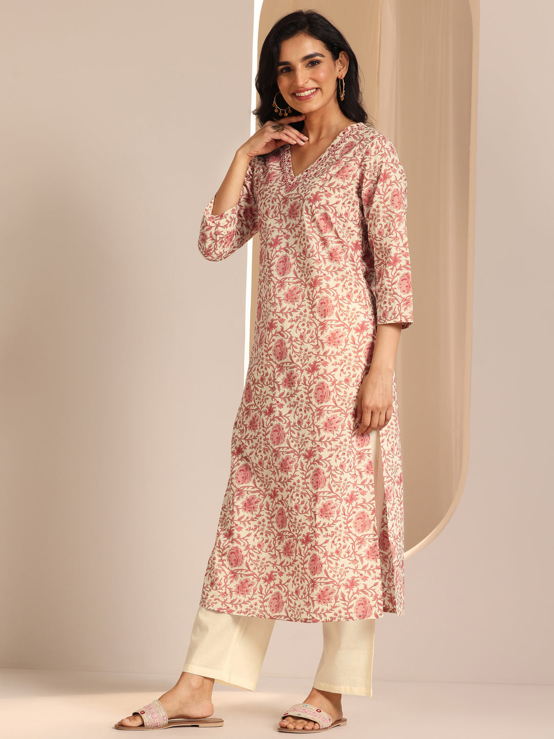 Off White Printed Cotton Straight Suit Set With Dupatta