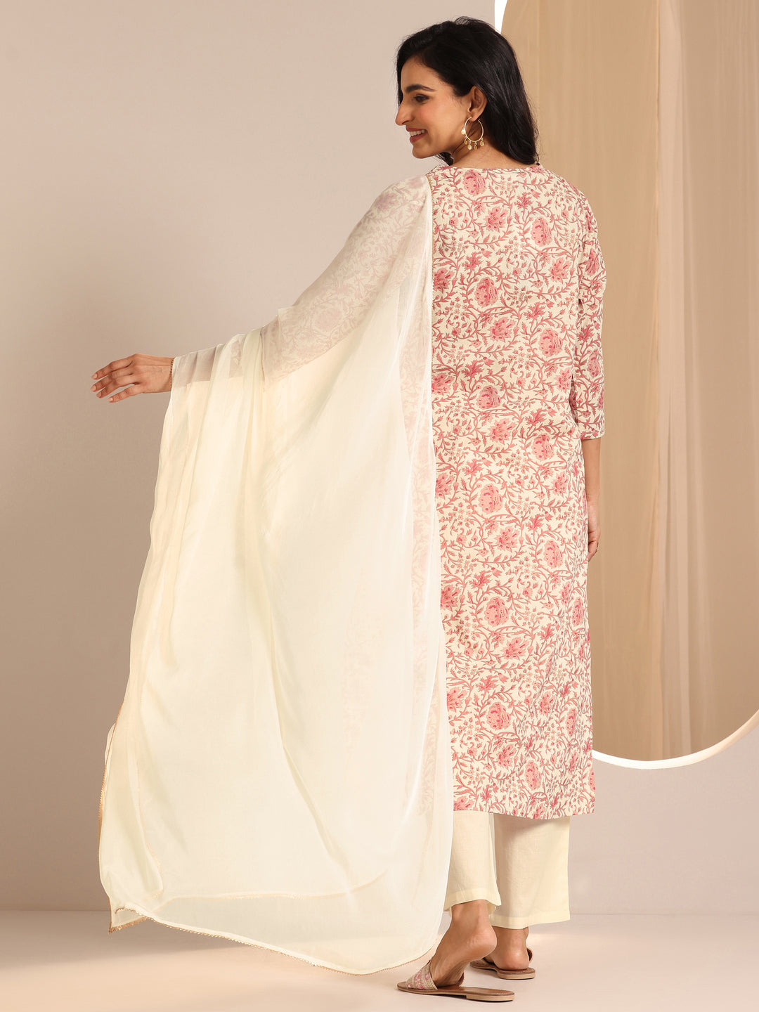 Off White Printed Cotton Straight Suit Set With Dupatta