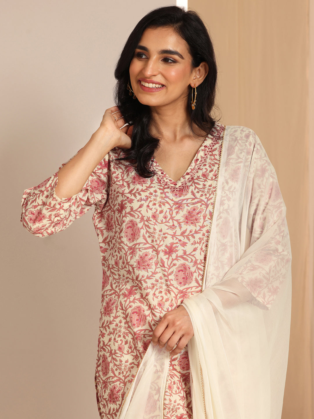 Off White Printed Cotton Straight Suit Set With Dupatta
