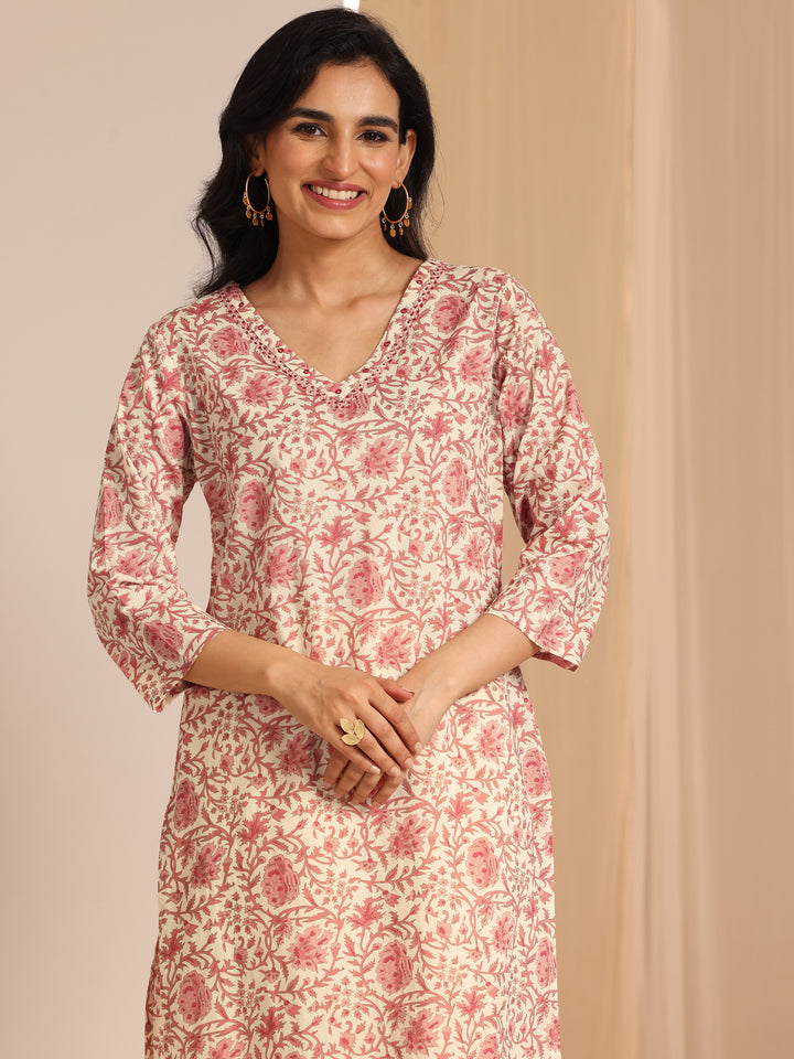 Off White Printed Cotton Straight Suit Set With Dupatta