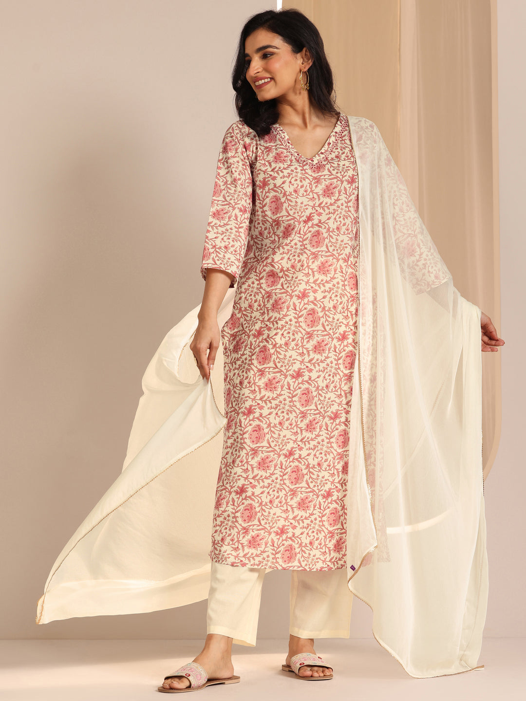 Off White Printed Cotton Straight Suit Set With Dupatta