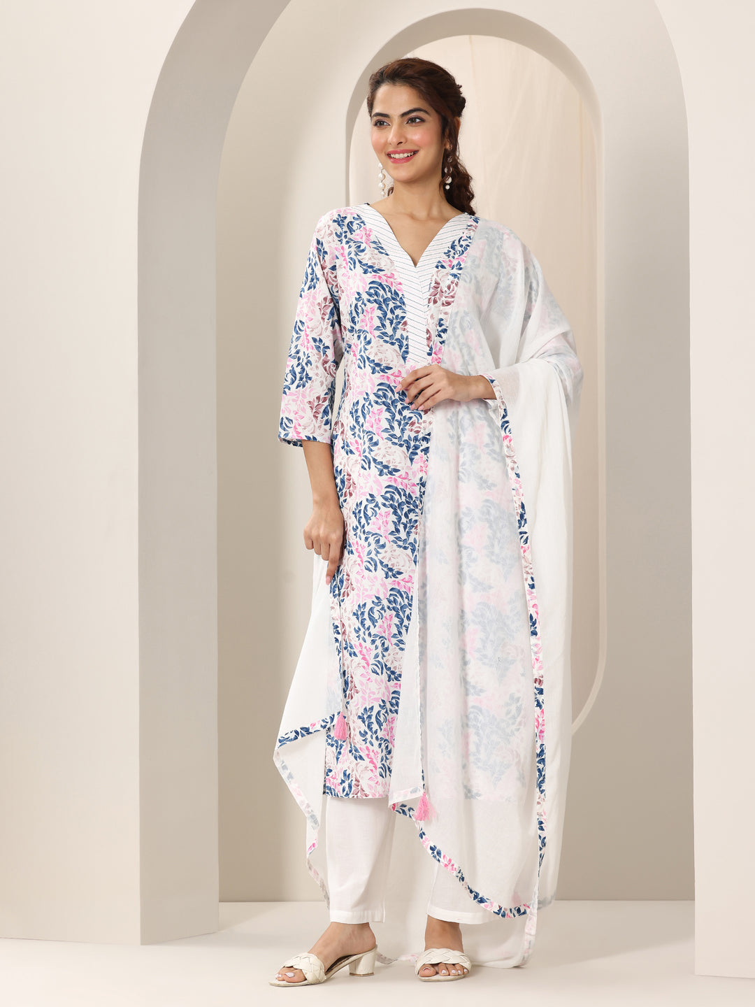White Printed Cotton Straight Suit Set With Dupatta