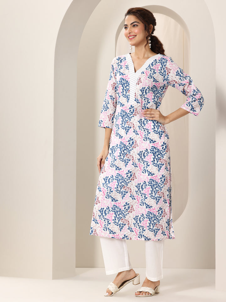 White Printed Cotton Straight Suit Set With Dupatta