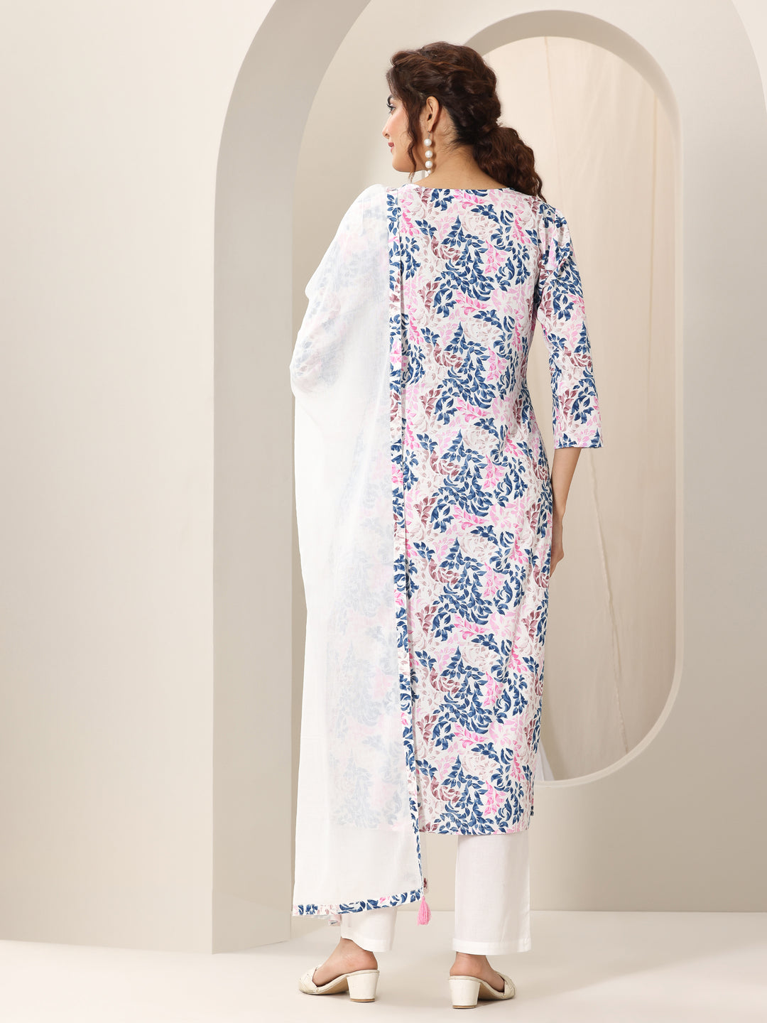 White Printed Cotton Straight Suit Set With Dupatta
