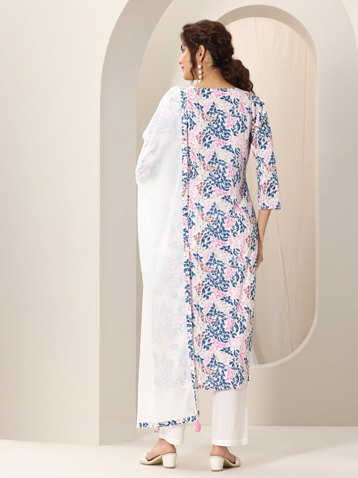 White Printed Cotton Straight Suit Set With Dupatta